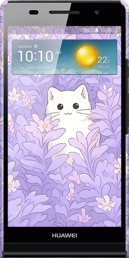 3D пластиковый глянцевый чехол Котик в цветах для Huawei Ascend P6 - 6390c-39 изображение 