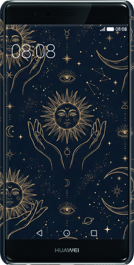 3D пластиковый матовый чехол Celestial Harmony: Sun & Moon Gold Mystic Pattern для Huawei P9 - 6778m-347 изображение 