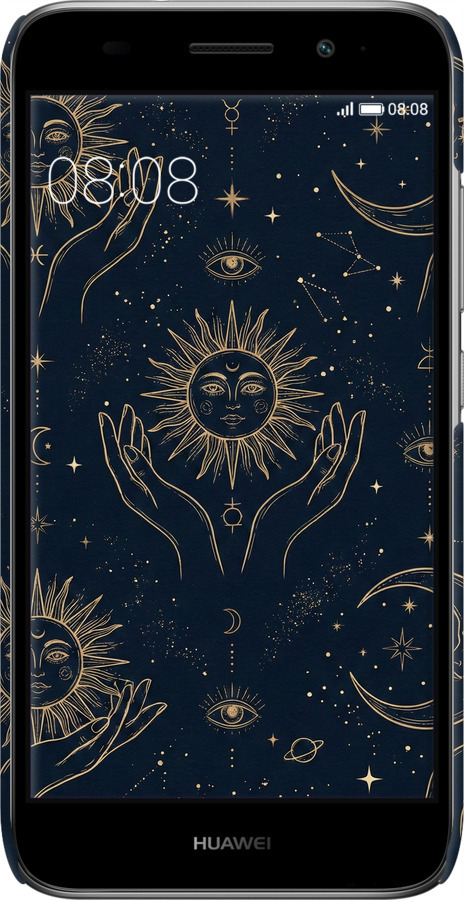 3D пластиковий матовий чехол Celestial Harmony: Sun & Moon Gold Mystic Pattern для Huawei Y3 2017 - 6778m-991 изображение 