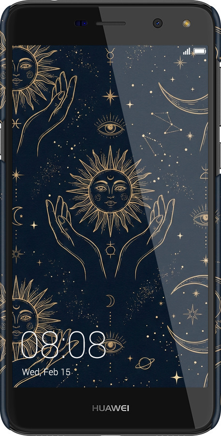 3D пластиковий матовий чехол Celestial Harmony: Sun & Moon Gold Mystic Pattern для Huawei Y5 2017 - 6778m-992 изображение 