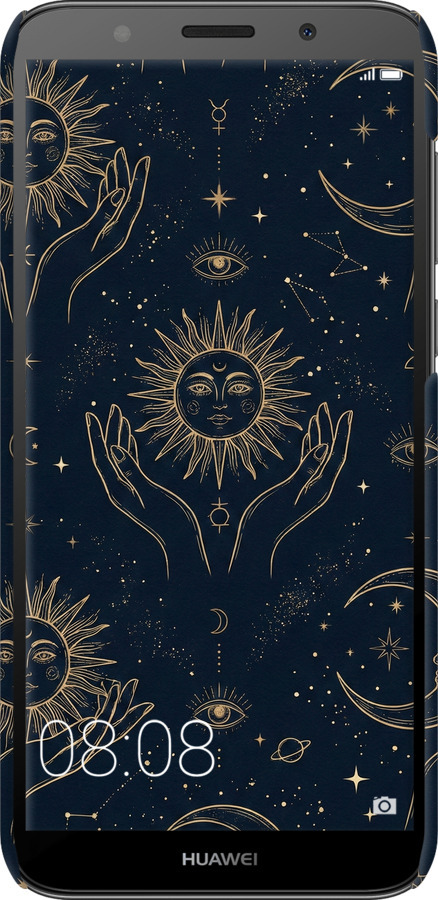 3D пластиковый матовый чехол Celestial Harmony: Sun & Moon Gold Mystic Pattern для Huawei Y5 2018 - 6778m-1500 изображение 