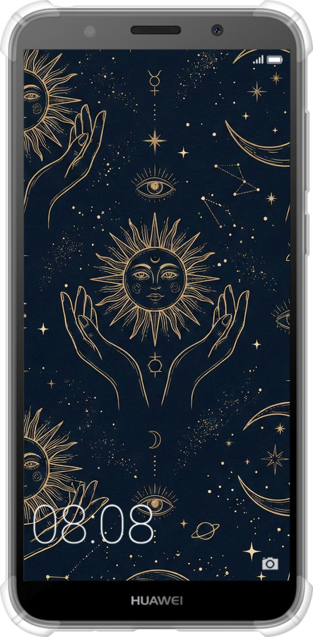 Силикон с усиленными углами чехол Celestial Harmony: Sun & Moon Gold Mystic Pattern для Huawei Y5 2018 - 6778sp-1500 изображение 