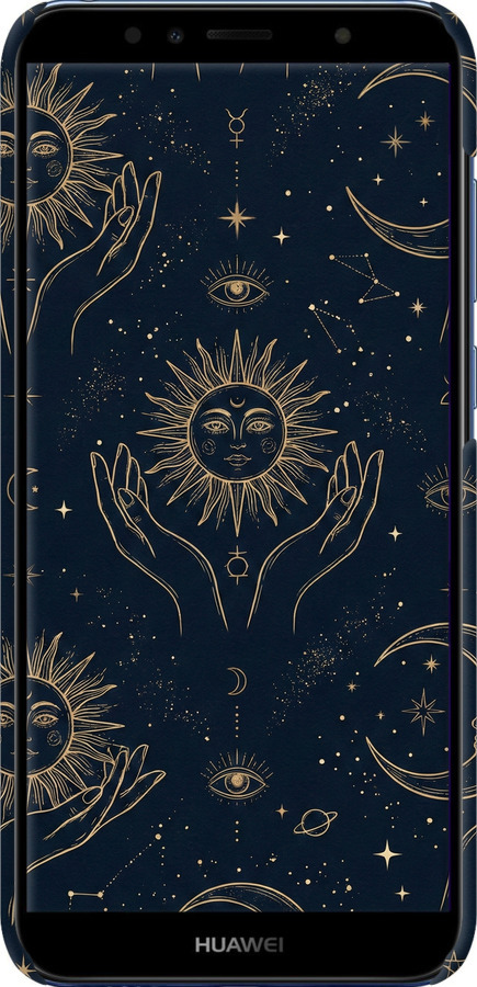 3D пластиковий матовий чехол Celestial Harmony: Sun & Moon Gold Mystic Pattern для Huawei Y6 2018 - 6778m-1637 изображение 