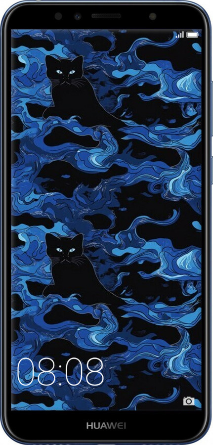 2D пластиковый чехол Абстрактный узор черных котов на синем фоне для Huawei Y6 2018 - 6525t-1637 изображение 