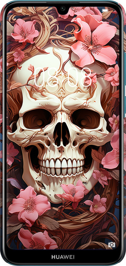 3D пластиковый матовый чехол Череп в розовых цветах для Huawei Y6 2019 - 5965m-1666 изображение 