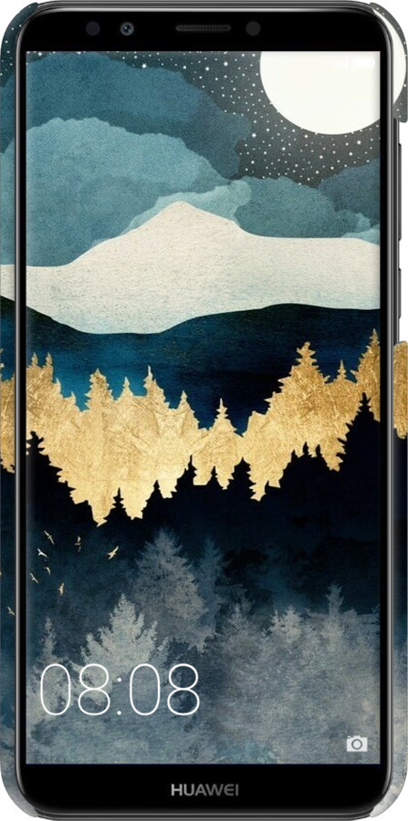 3D пластиковий матовий чехол Нічний краєвид з лісом та горами для Huawei Honor 7C Pro - 6493m-2070 изображение 