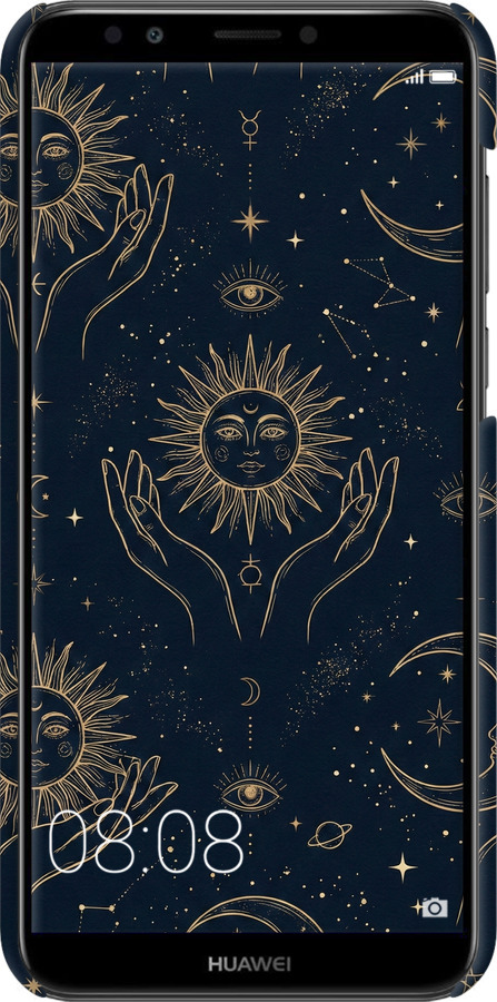 3D пластиковый матовый чехол Celestial Harmony: Sun & Moon Gold Mystic Pattern для Huawei Y7 Prime 2018 - 6778m-1509 изображение 