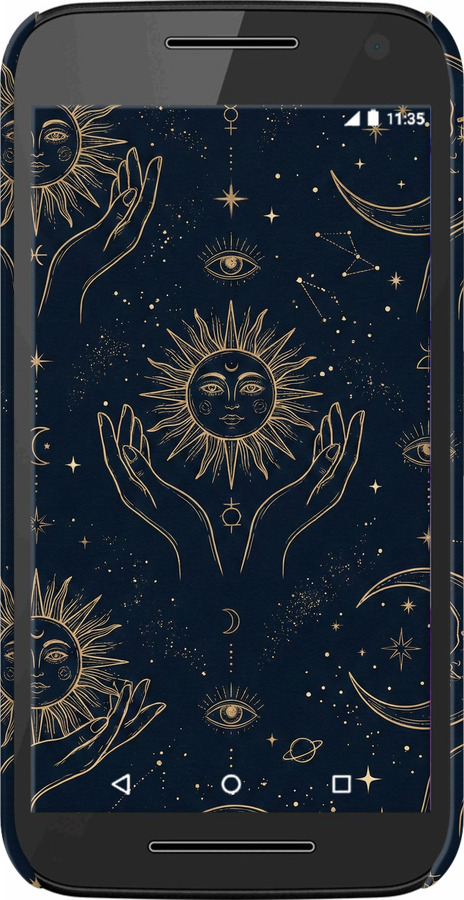 3D пластиковый матовый чехол Celestial Harmony: Sun & Moon Gold Mystic Pattern для Motorola Moto G3 - 6778m-318 изображение 
