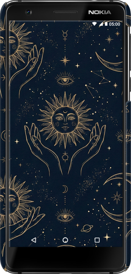 3D пластиковый матовый чехол Celestial Harmony: Sun & Moon Gold Mystic Pattern для Nokia 3.1 - 6778m-1530 изображение 