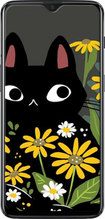 2D пластиковый чехол Черный кот с цветами для OnePlus 6T - 6448t-1587 изображение 