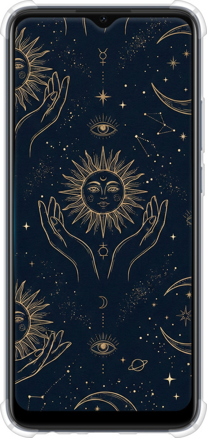 Силикон с усиленными углами чехол Celestial Harmony: Sun & Moon Gold Mystic Pattern для Oppo A15s - 6778sp-2527 изображение 