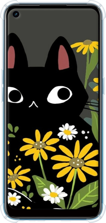 Силикон с усиленными углами чехол Черный кот с цветами для Oppo A53 - 6448sp-568 изображение 