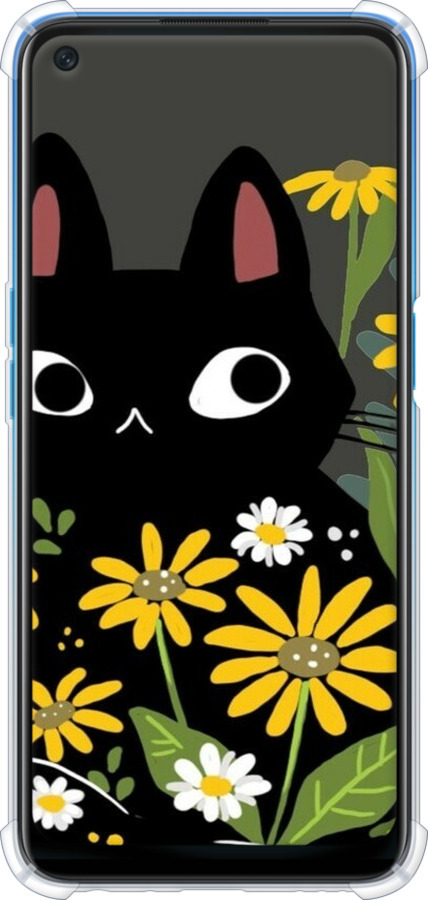 Силикон с усиленными углами чехол Черный кот с цветами для Oppo A54 - 6448sp-2306 изображение 