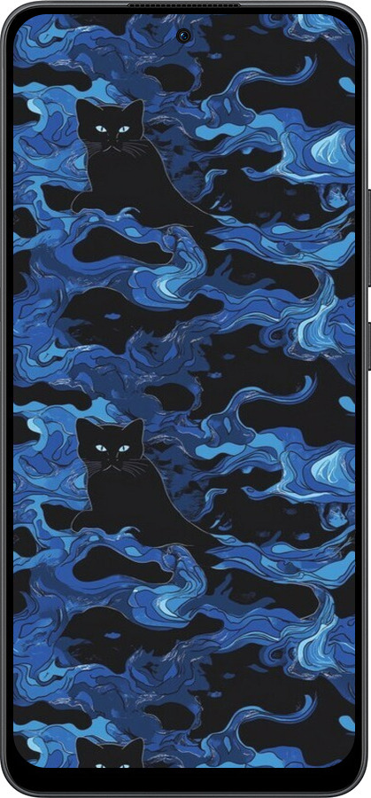 Силиконовый чехол Абстрактный узор черных котов на синем фоне для Oppo Reno13 F 5G / Reno13 F 4G - 6525u-3955 изображение 
