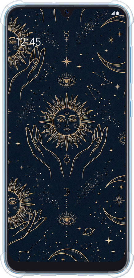 Силикон с усиленными углами чехол Celestial Harmony: Sun & Moon Gold Mystic Pattern для Samsung Galaxy A20 2019 A205F - 6778sp-1761 изображение 