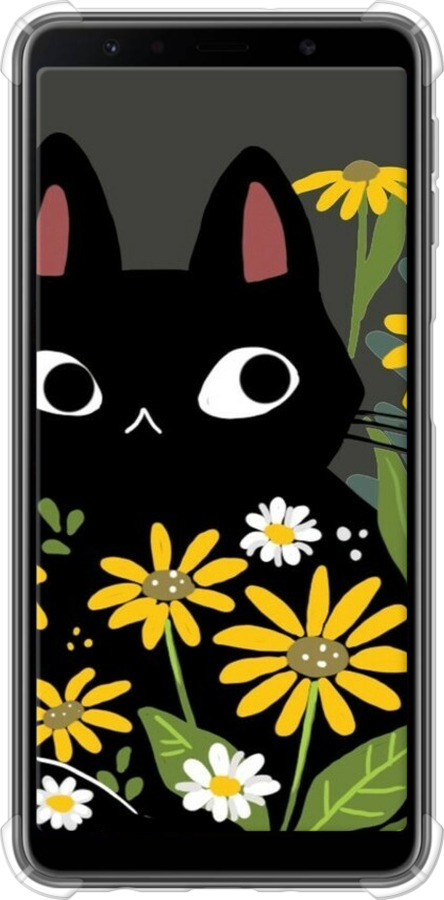 Силикон с усиленными углами чехол Черный кот с цветами для Samsung Galaxy A7 (2018) A750F - 6448sp-1582 изображение 