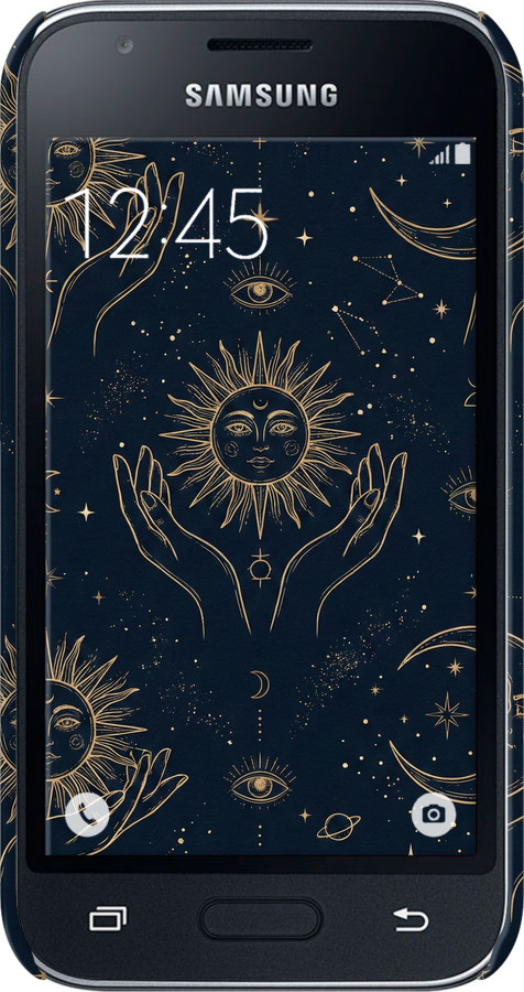 3D пластиковий матовий чехол Celestial Harmony: Sun & Moon Gold Mystic Pattern для Samsung Galaxy J1 Mini J105H - 6778m-258 изображение 