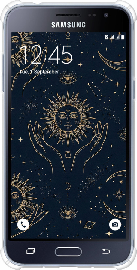 Силикон с усиленными углами чехол Celestial Harmony: Sun & Moon Gold Mystic Pattern для Samsung Galaxy J3 Duos (2016) J320H - 6778sp-265 изображение 