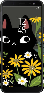 3D пластиковый матовый чехол Черный кот с цветами для Samsung Galaxy J6 2018 - 6448m-1486 изображение 
