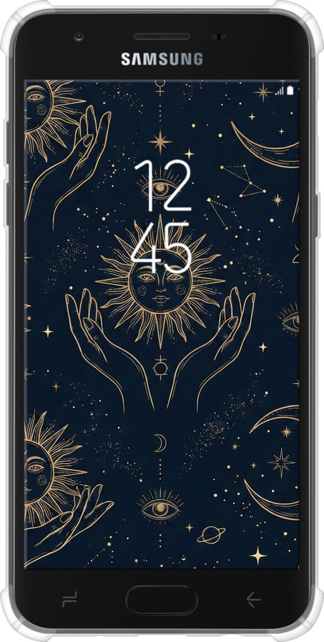 Силикон с усиленными углами чехол Celestial Harmony: Sun & Moon Gold Mystic Pattern для Samsung Galaxy J7 2018 - 6778sp-1502 изображение 