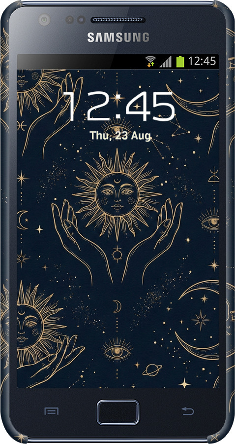 3D пластиковый матовый чехол Celestial Harmony: Sun & Moon Gold Mystic Pattern для Samsung Galaxy S2 i9100 - 6778m-14 изображение 