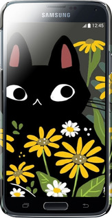3D пластиковый матовый чехол Черный кот с цветами для Samsung Galaxy S5 Duos SM G900FD - 6448m-62 изображение 