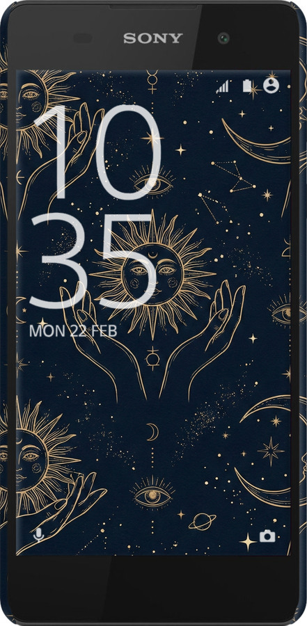 3D пластиковый матовый чехол Celestial Harmony: Sun & Moon Gold Mystic Pattern для Sony Xperia E5 F3311 - 6778m-458 изображение 