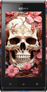 3D пластиковый глянцевый чехол Череп в розовых цветах для Sony Xperia J ST26i - 5965c-779 изображение 