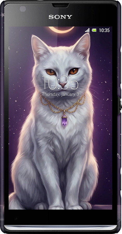 3D пластиковый глянцевый чехол Mystic White Cat Gothic Dark Purple Gold для Sony Xperia SP M35H - 6805c-280 изображение 