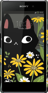 3D пластиковый матовый чехол Черный кот с цветами для Sony Xperia Z1 C6902 - 6448m-38 изображение 