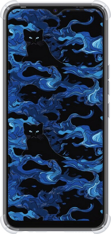 Силикон с усиленными углами чехол Абстрактный узор черных котов на синем фоне для Tecno Spark 8C KG5k - 6525sp-2680 изображение 