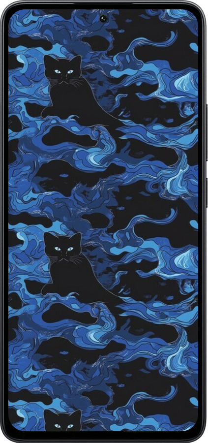 Силиконовый чехол Абстрактный узор черных котов на синем фоне для Xiaomi Poco M7 Pro 5G - 6525u-3942 изображение 