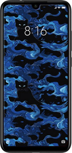 Силиконовый чехол Абстрактный узор черных котов на синем фоне для Xiaomi Redmi Note 7 - 6525u-1639 изображение 
