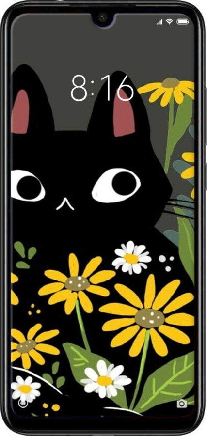 Силиконовый чехол Черный кот с цветами для Xiaomi Redmi Note 7 - 6448u-1639 изображение 
