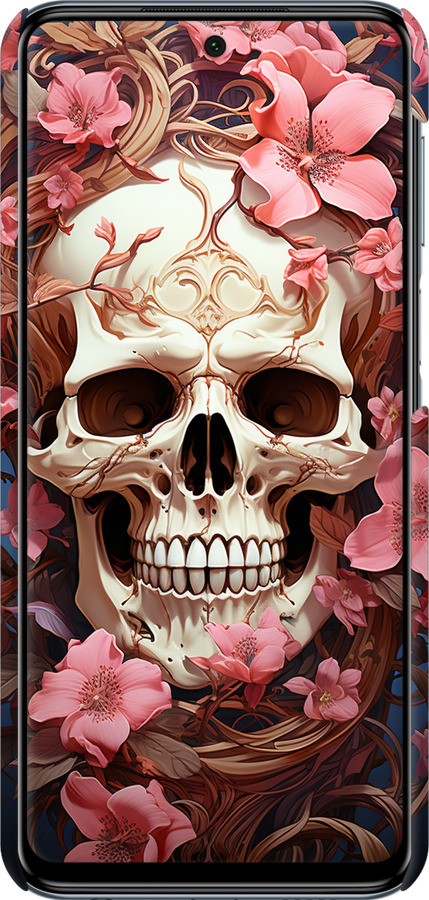 3D пластиковый матовый чехол Череп в розовых цветах для Xiaomi Redmi Note 9 Pro - 5965m-1911 изображение 