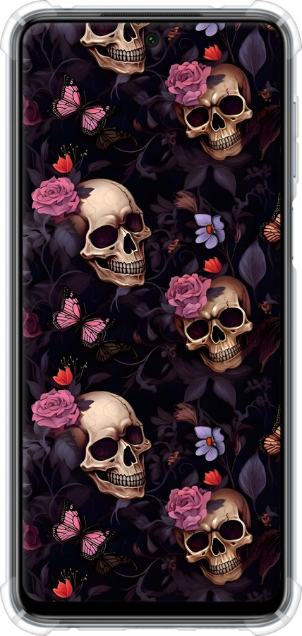 Силикон с усиленными углами чехол Черепа и розы для Xiaomi Redmi Note 9 Pro - 6316sp-1911 изображение 